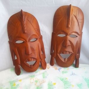 2 Wooden Vintage Hand Carved Masks